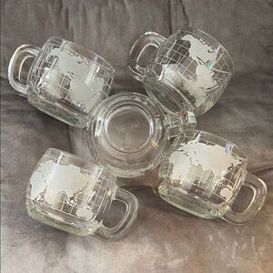 Vintage Nestle/Nescafe Clear Glass Mug Set (5) with World Map Design